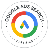 Circular badge displaying the Google Ads logo in the center, surrounded by the words “Google Ads Search Certified.” The logo features a multicolored ring with blue, red, yellow, and green segments.