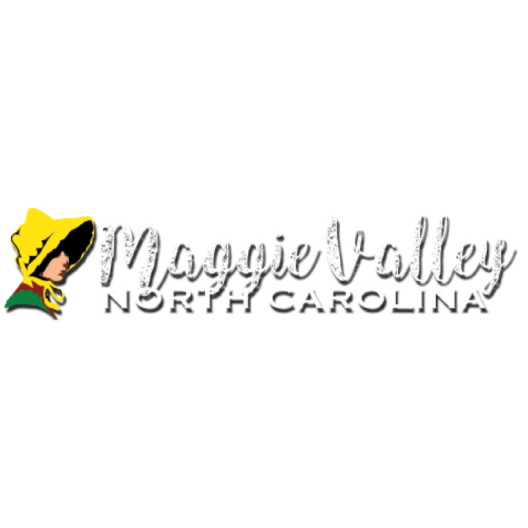 Logo with an illustration of a woman in a yellow bonnet and green scarf, next to the text Maggie Valley in cursive and North Carolina in capital letters below.