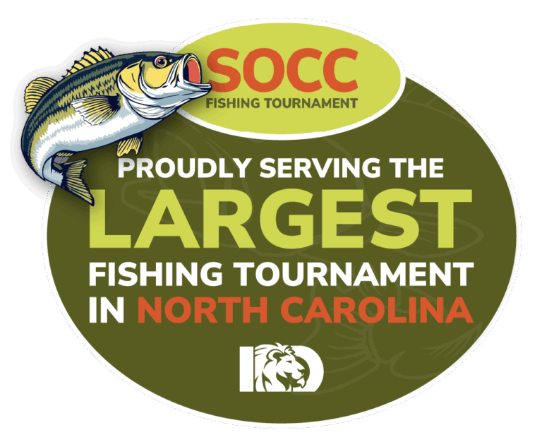 Logo for the SOCC Fishing Tournament, featuring a large fish illustration and the text: Proudly serving the largest fishing tournament in North Carolina on a green circular background with a white lion icon.