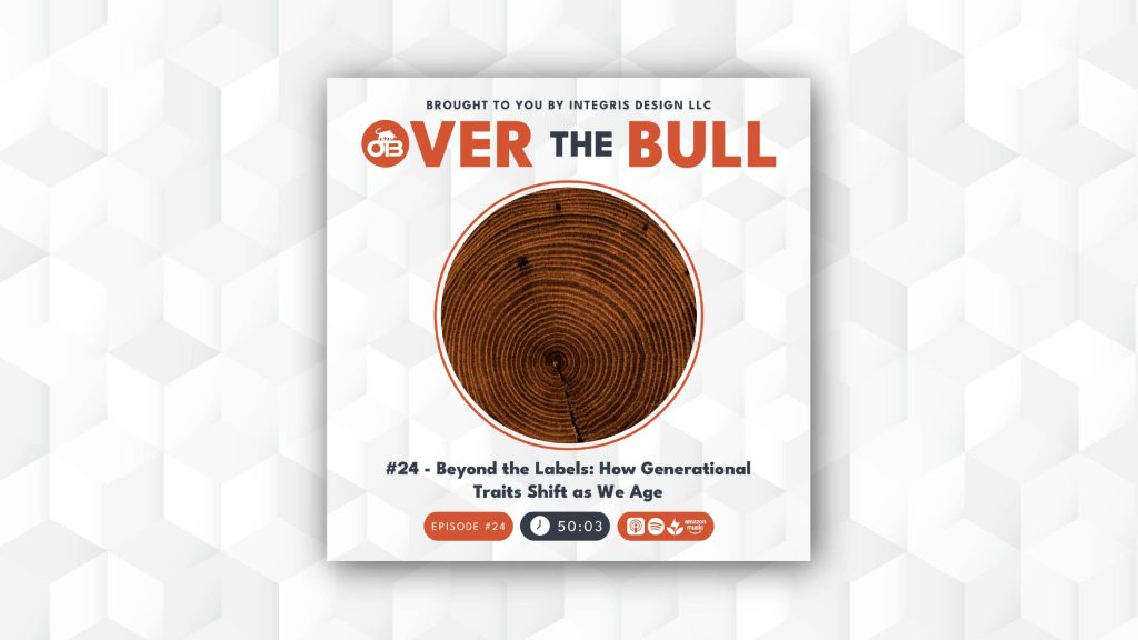 Podcast cover for Over the Bull featuring a tree ring cross-section in the center. The episode is titled #24 - Beyond the Labels: How Generational Traits Shift as We Age and has a runtime of 50:03.