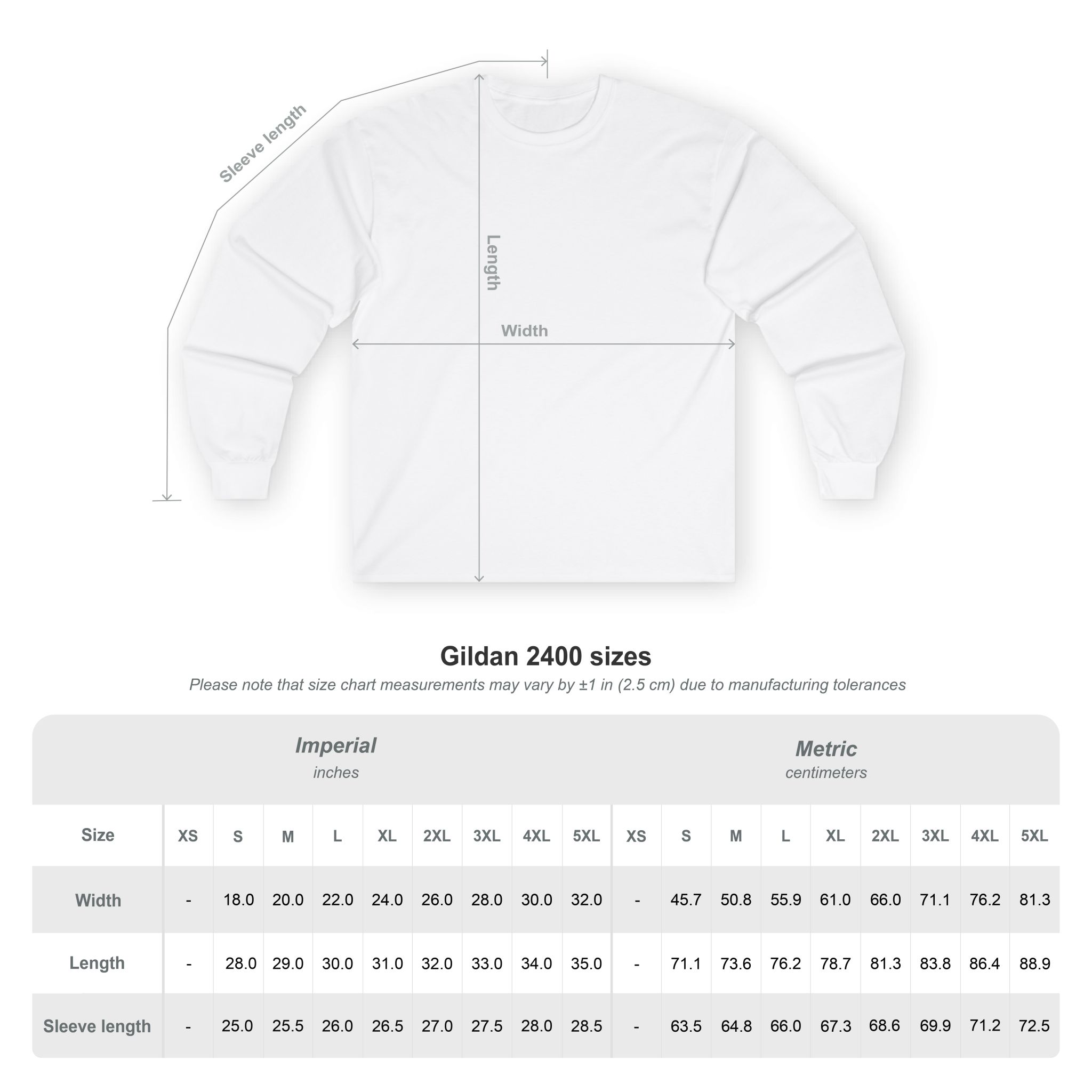 Size chart for Unisex Long Sleeve Tee with a diagram labeled width, length, and sleeve length, including measurements in inches and centimeters for sizes XS to 5XL.