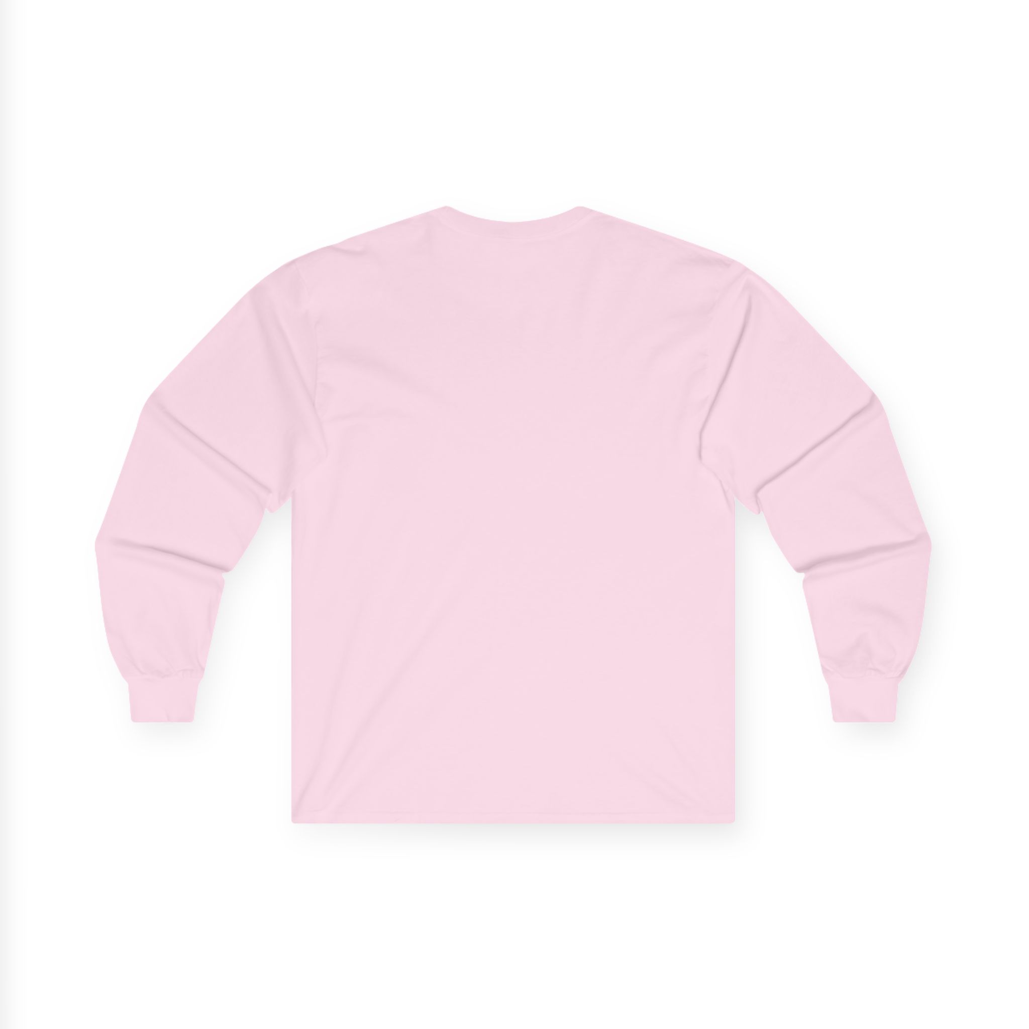 The Unisex Long Sleeve Tee in plain light pink is shown flat from the back on a white background, featuring a crew neckline and ribbed cuffs.