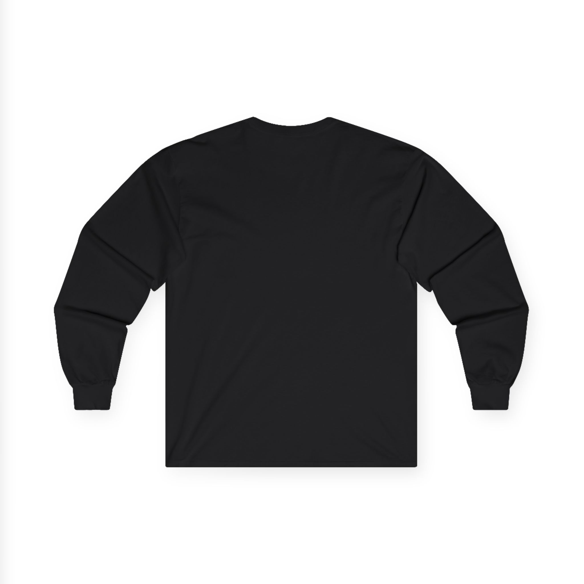 A Unisex Long Sleeve Tee in plain black is laid flat, showing the back. It features a crew neckline and ribbed cuffs, with no visible designs or logos.