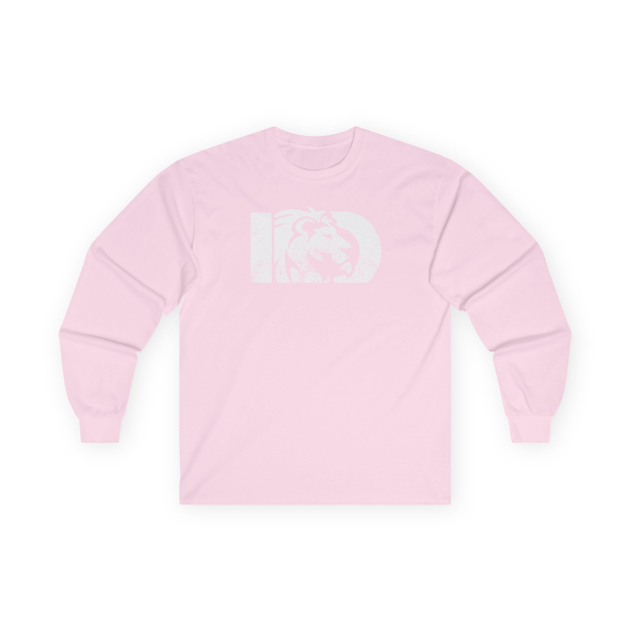 The Unisex Long Sleeve Tee in light pink features a subtle white chest graphic with the letters ID and an illustrated lions head at the center. The shirt is displayed laid flat on a white background.