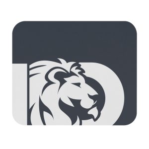 The Lion Logo Mouse Pad features a stylized white lion head within a bold, partial uppercase D on a dark gray rectangular background—ideal as a minimal desk mat for office or gaming.