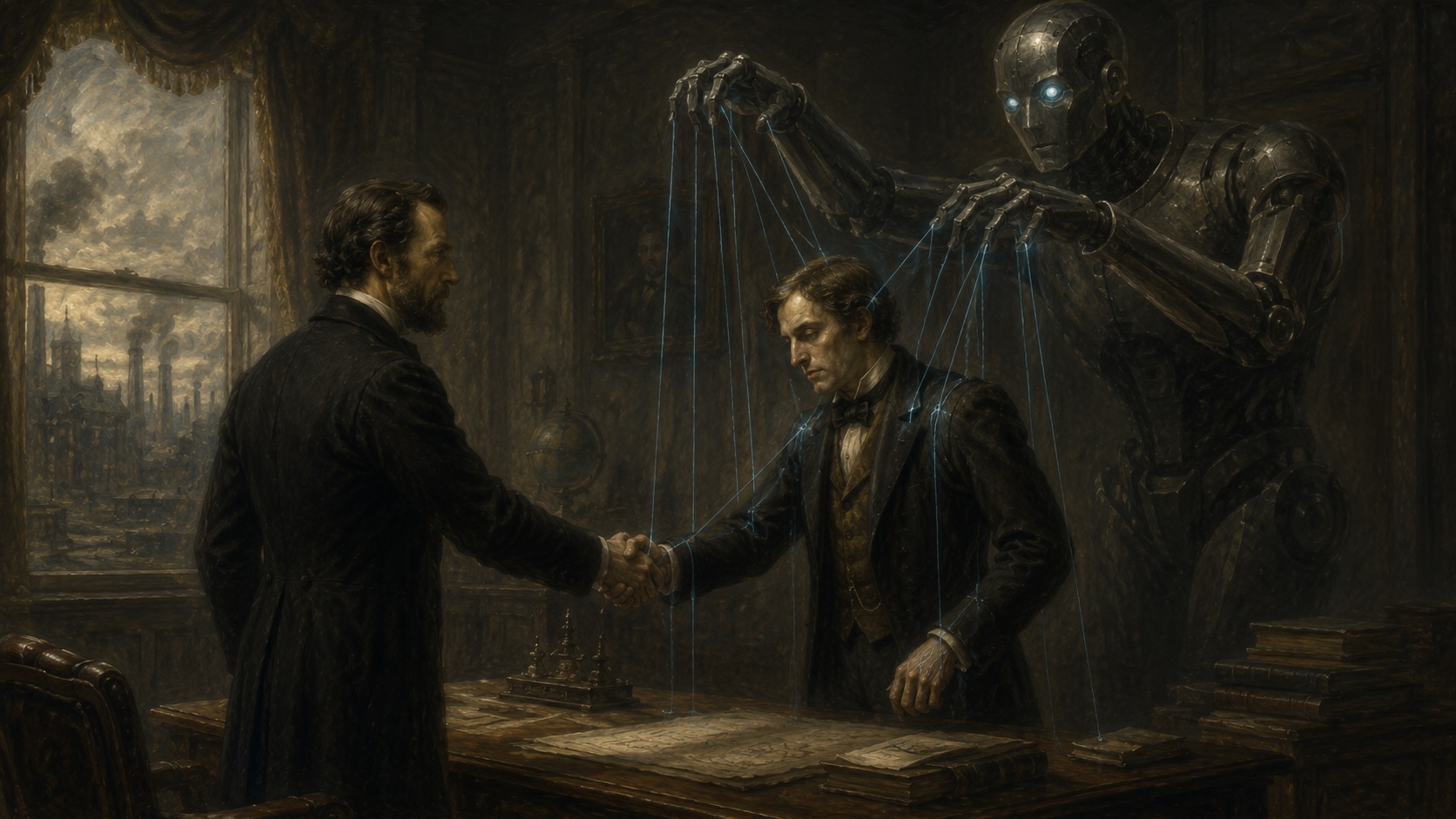 A robot with glowing eyes controls a man with strings like a puppet, as the man shakes hands with another in a 19th-century office with industrial scenes outside the window.