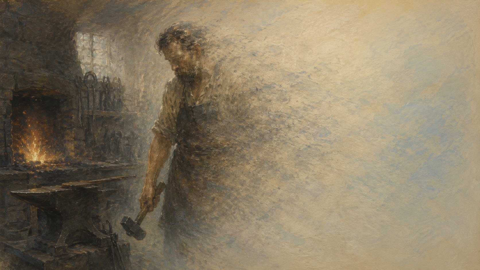 A blacksmith stands by an anvil holding a hammer, with a glowing forge in the background. His figure appears to fade and blur into the textured, light-colored surroundings, creating an ethereal, dreamlike effect.