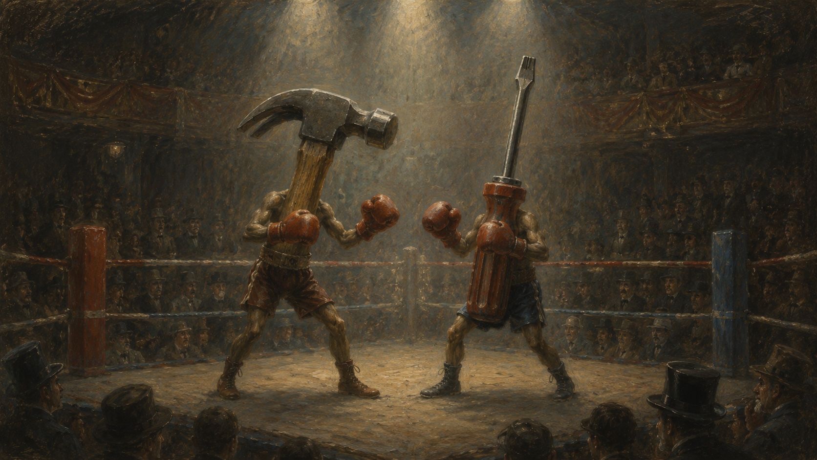 Two human bodies with boxing gloves fight in a ring, but their heads are a hammer and a screwdriver. The crowd watches under dramatic lighting, creating a surreal, humorous scene.