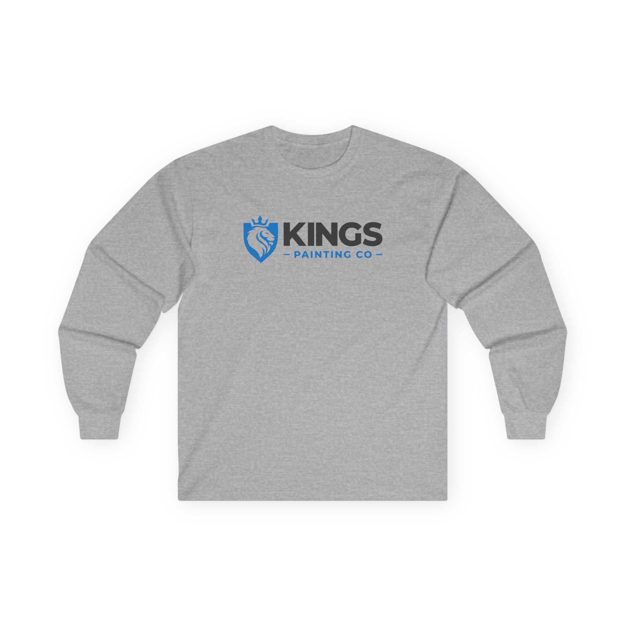 Kings Painting Co. Long Sleeve Tee (Gildan 2400) in gray, featuring "KINGS PAINTING CO" and a blue lion head shield logo printed on the chest. The shirt is displayed laid flat on a white background.