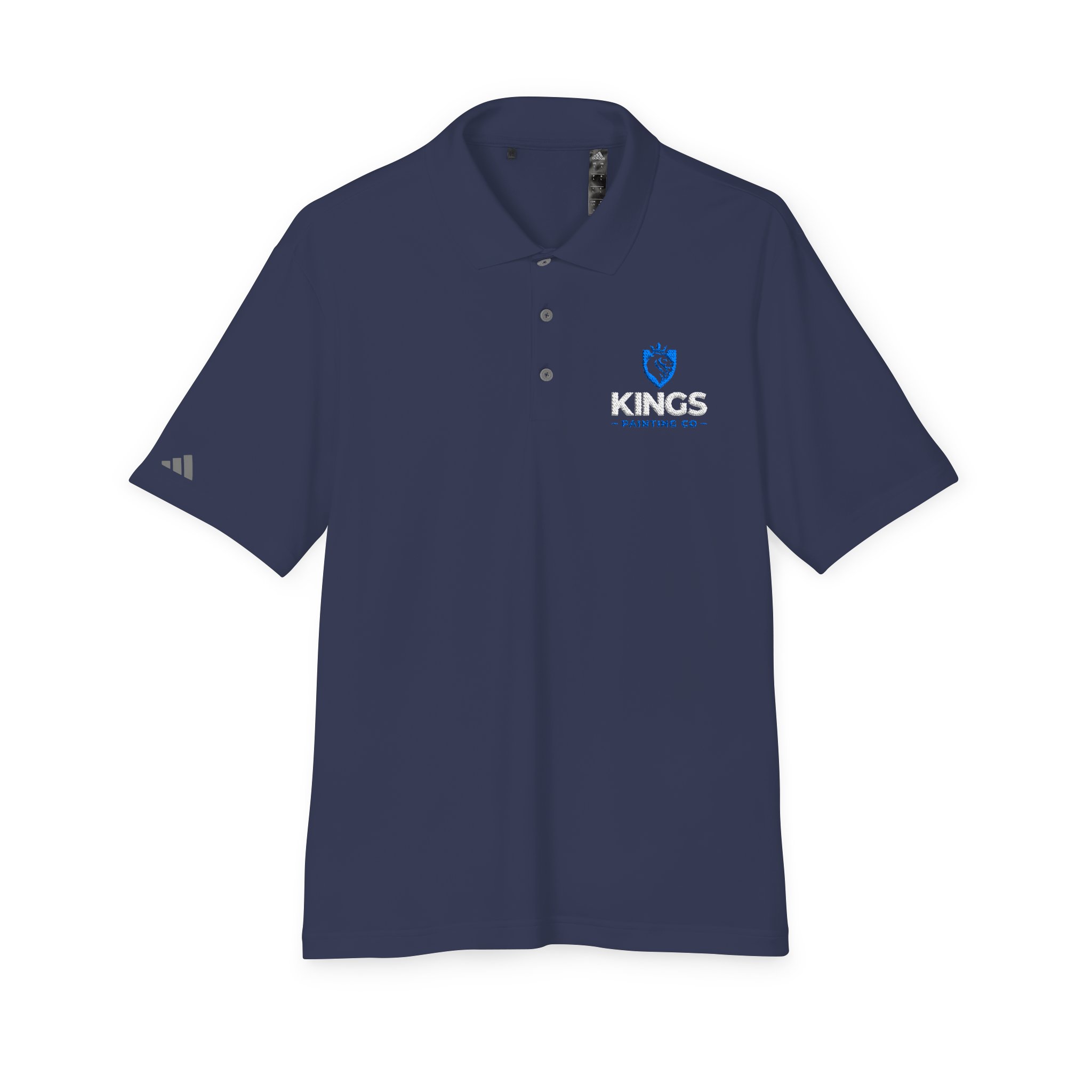 Kings Painting Co. Performance Polo by Under Armour® in navy blue, featuring a three-button collar, the KINGS logo and lion emblem on the left chest, and a small logo on the left sleeve.