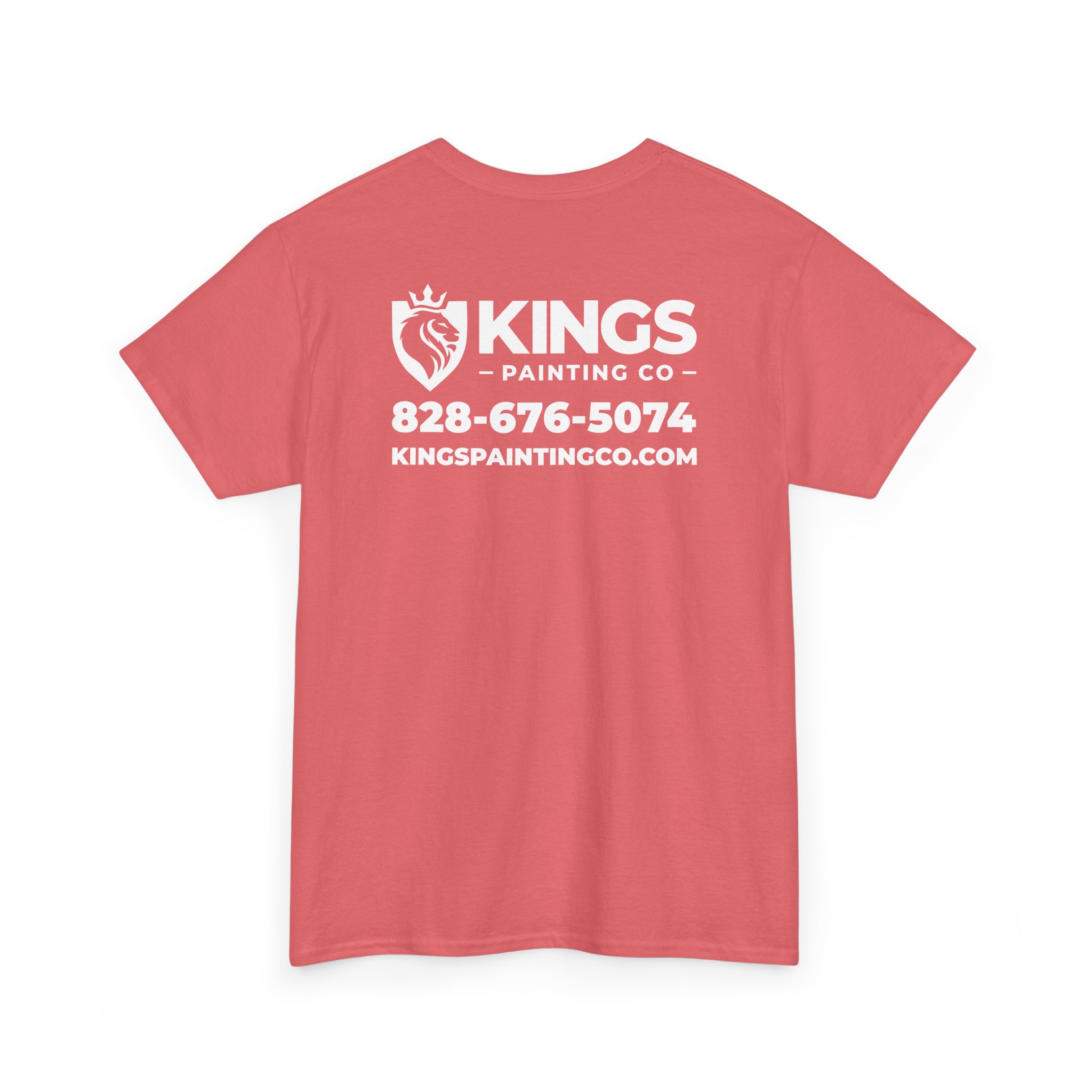 Kings Painting Co. Logo T‑Shirt (Classic) | Gildan Ultra Cotton (G5000) in coral features a lion graphic, the KINGS Painting Co. logo, phone number 828-676-5074, and website kingspaintingco.com printed in white on the back.