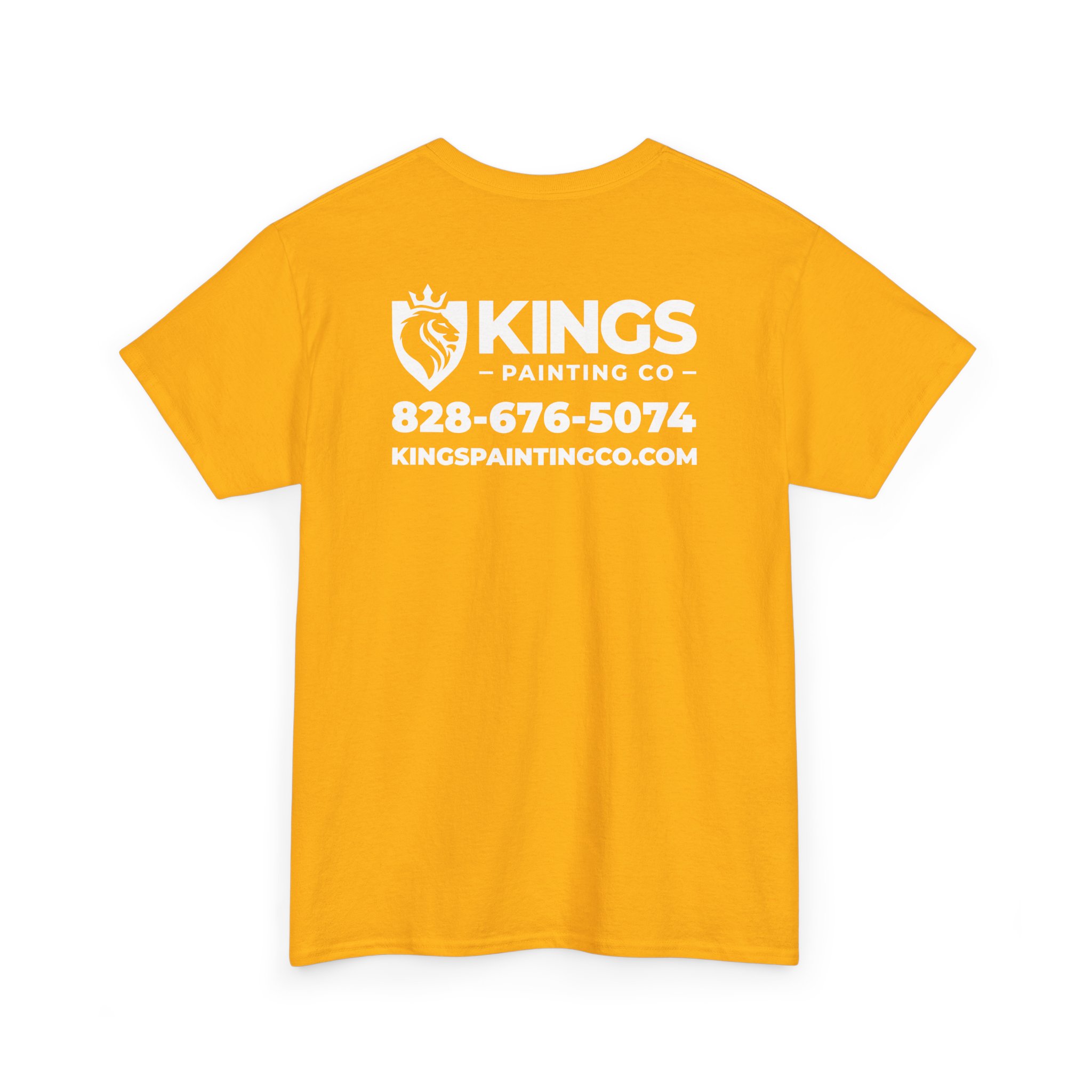 Kings Painting Co. Logo T‑Shirt (Classic) | Gildan Ultra Cotton (G5000): Yellow shirt featuring white text and a lion logo on the back. Text reads "KINGS PAINTING CO 828-676-5074 KINGSPAINTINGCO.COM".