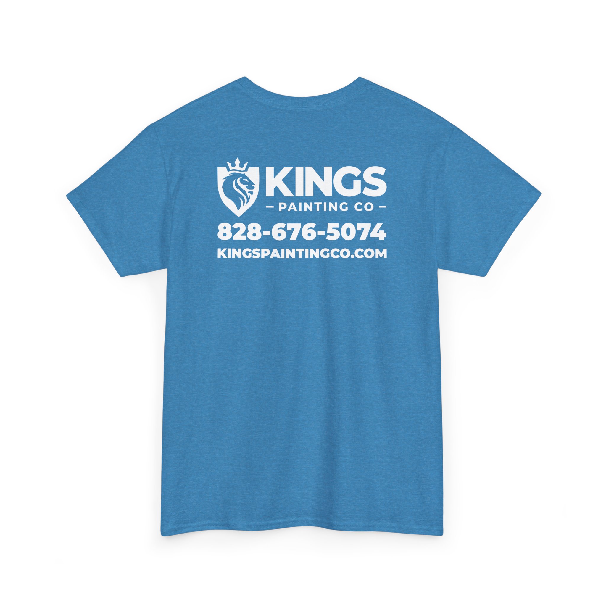 Kings Painting Co. Logo T‑Shirt (Heather) | Gildan Ultra Cotton (G5000) in blue, featuring a white lion logo, Kings Painting Co name, phone number 828-676-5074, and website kingspaintingco.com printed on the back.
