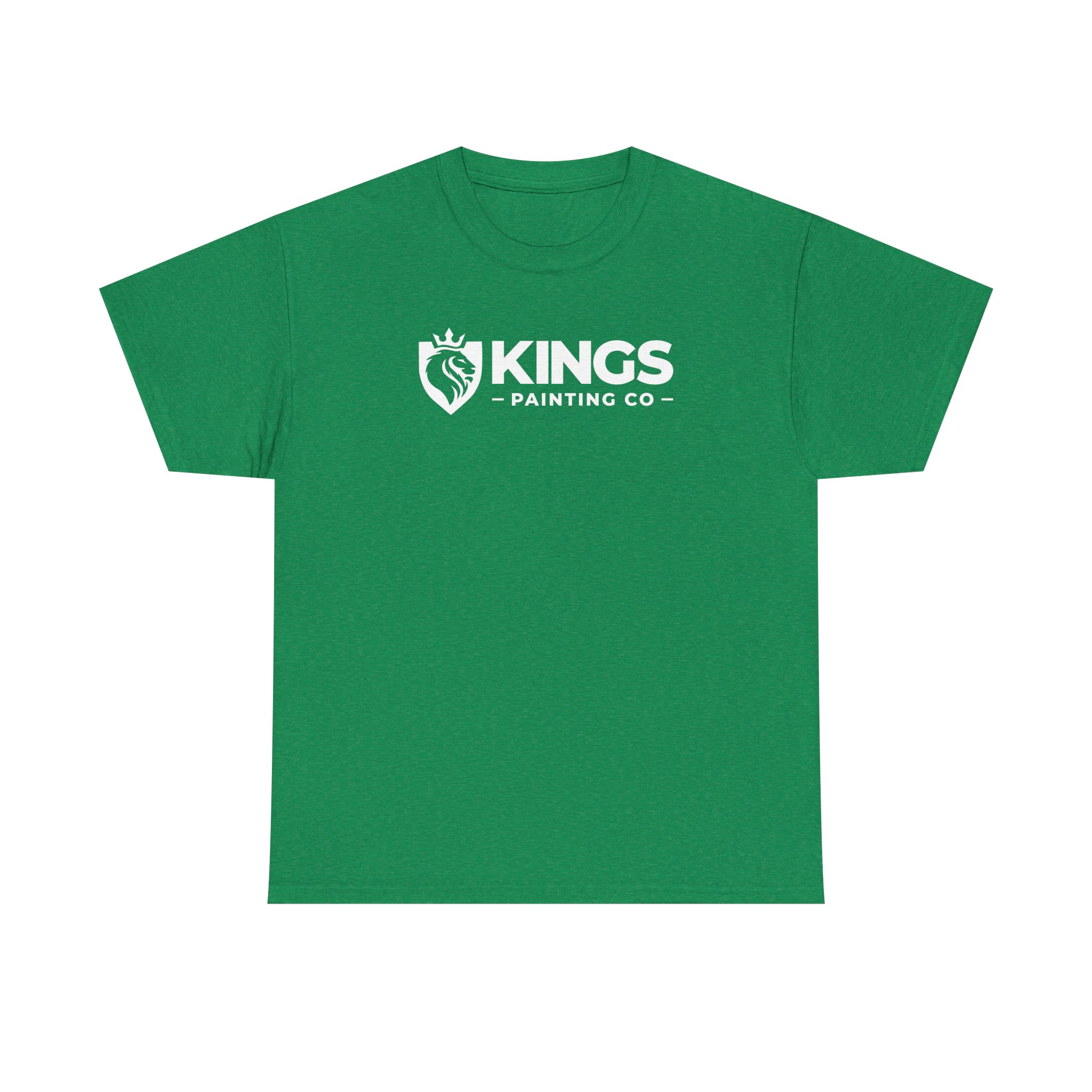 Kings Painting Co. Logo T‑Shirt (Heather) | Gildan Ultra Cotton (G5000) in green, featuring a white Kings Painting Co. logo and a shield with a lion and crown design on the chest.