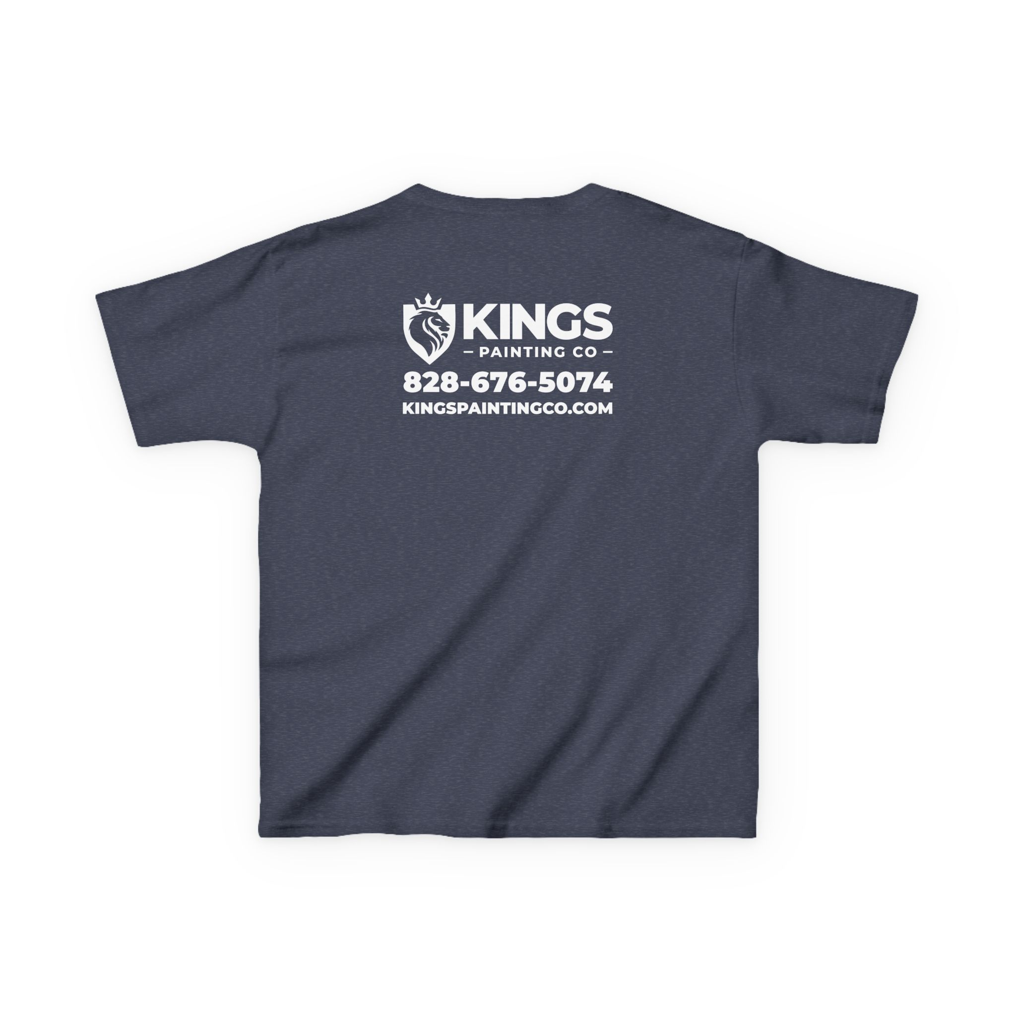 Kings Painting Co. Kids T-Shirt (White Graphics) by Gildan®—a navy blue kids’ tee featuring “KINGS PAINTING CO” in white text on the back, along with a phone number, shield brush logo, and the website kingspaintingco.com.