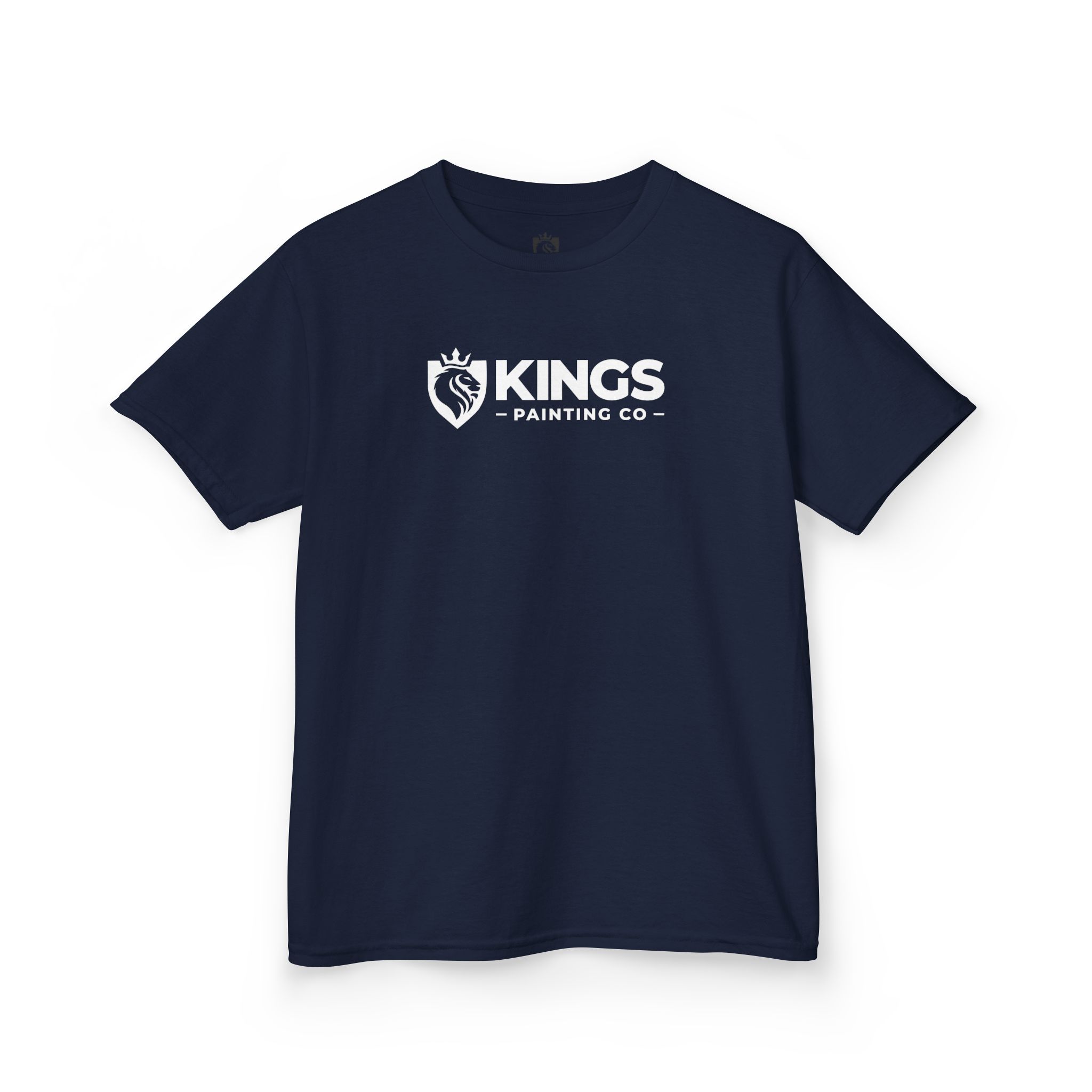 Kings Painting Co. Kids T-Shirt (White Graphics) by Gildan® in navy blue, featuring "KINGS PAINTING CO" and a crowned lion inside a shield printed in white on the chest.