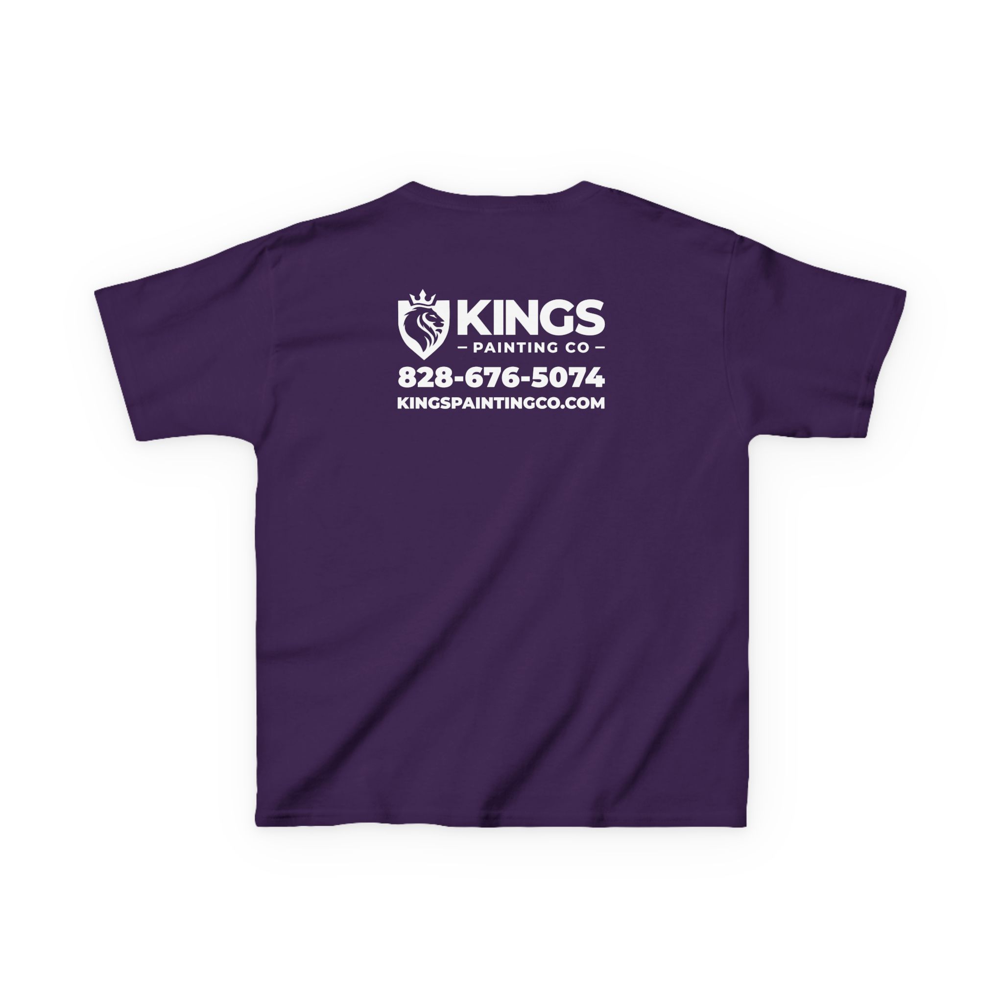 Kings Painting Co. Kids T-Shirt (White Graphics) | Gildan® — a purple kids' t-shirt featuring white Kings Painting Co. text and logo on the front, with the company's phone number and website on the back.