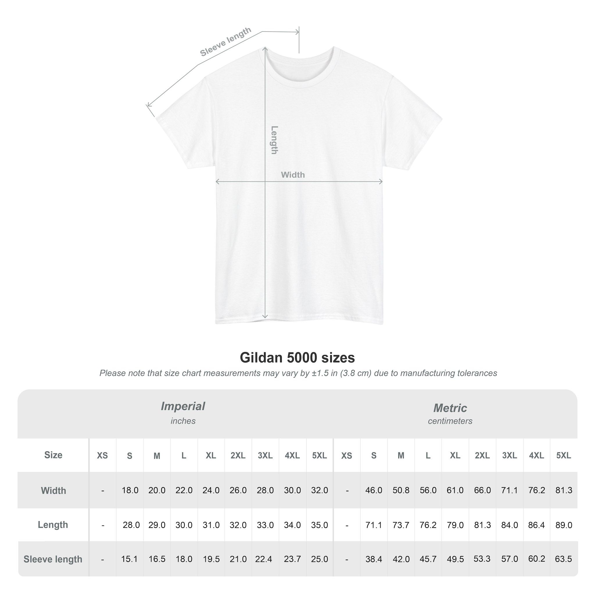 Diagram of a white Kings Painting Co. Logo T‑Shirt (Classic) | Gildan Ultra Cotton (G5000) with arrows indicating width, length, and sleeve length. Below, size charts display Gildan 5000 shirt measurements in inches and centimeters for sizes XS to 5XL, along with a note about measurement tolerances.