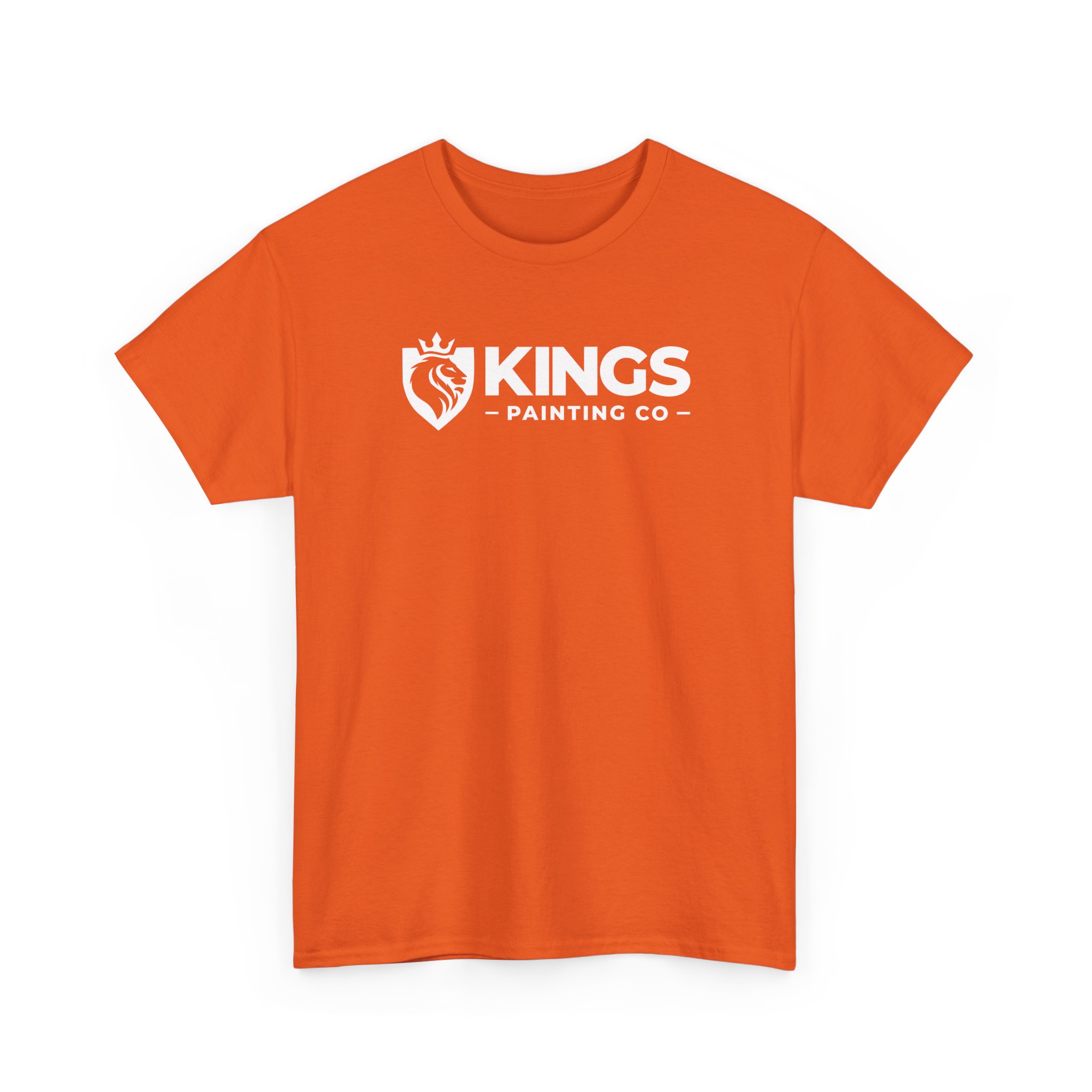 Kings Painting Co. Logo T‑Shirt (Classic) | Gildan Ultra Cotton (G5000) in orange, featuring a bold white lion's head shield logo and "KINGS PAINTING CO" printed prominently across the chest.