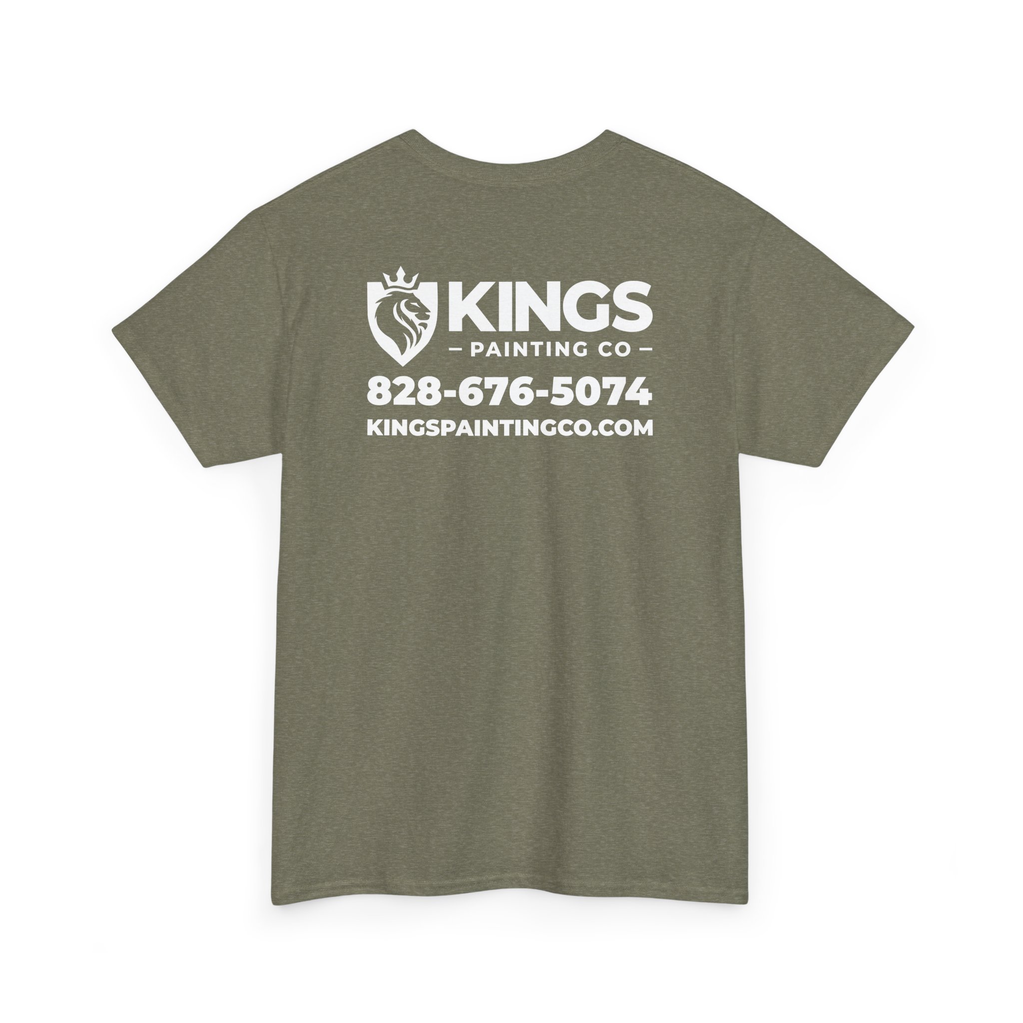 Kings Painting Co. Logo T‑Shirt (Heather) | Gildan Ultra Cotton (G5000): Olive green T-shirt featuring white text—KINGS PAINTING CO, a lion logo, phone number 828-676-5074, and website kingspaintingco.com—on the back.