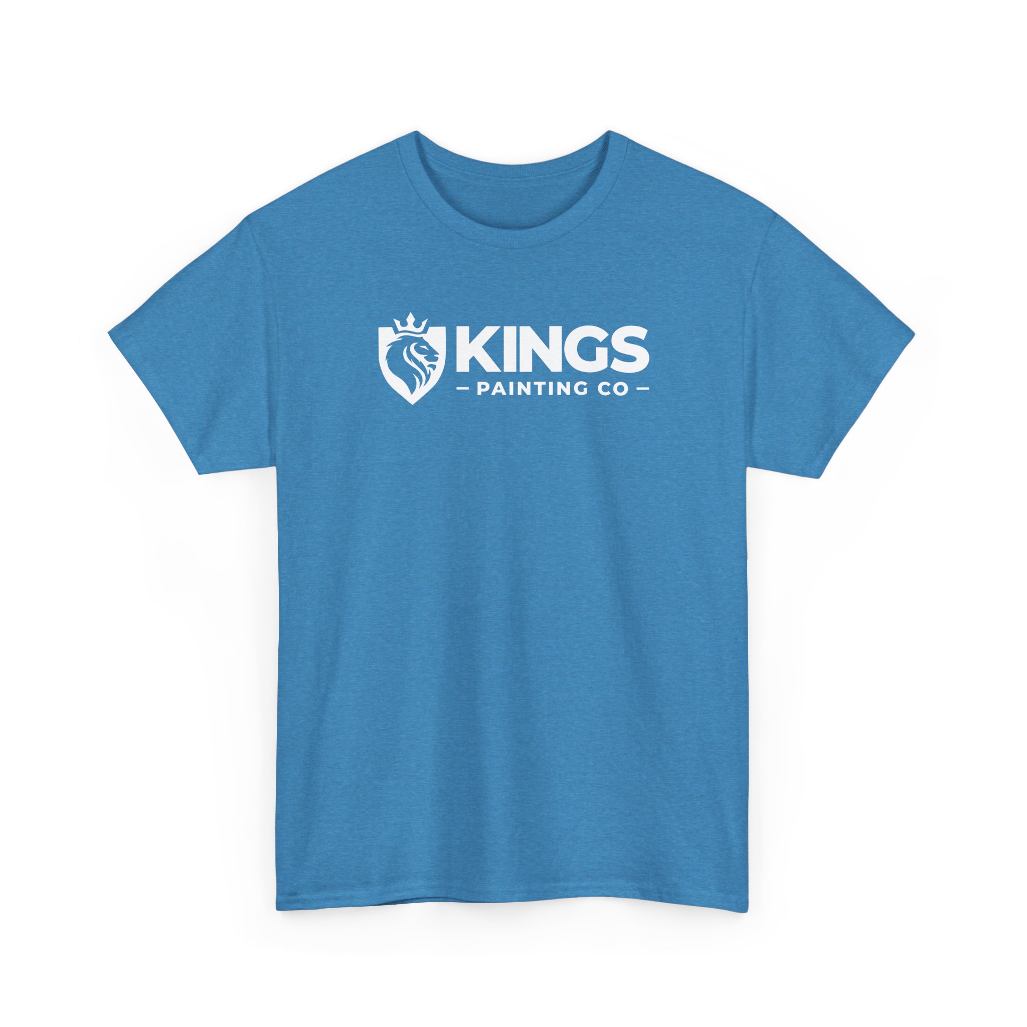 Kings Painting Co. Logo T‑Shirt (Heather) | Gildan Ultra Cotton (G5000): Heather blue T-shirt featuring a white “KINGS PAINTING CO.” text and a logo with a lion’s head inside a shield crowned above.