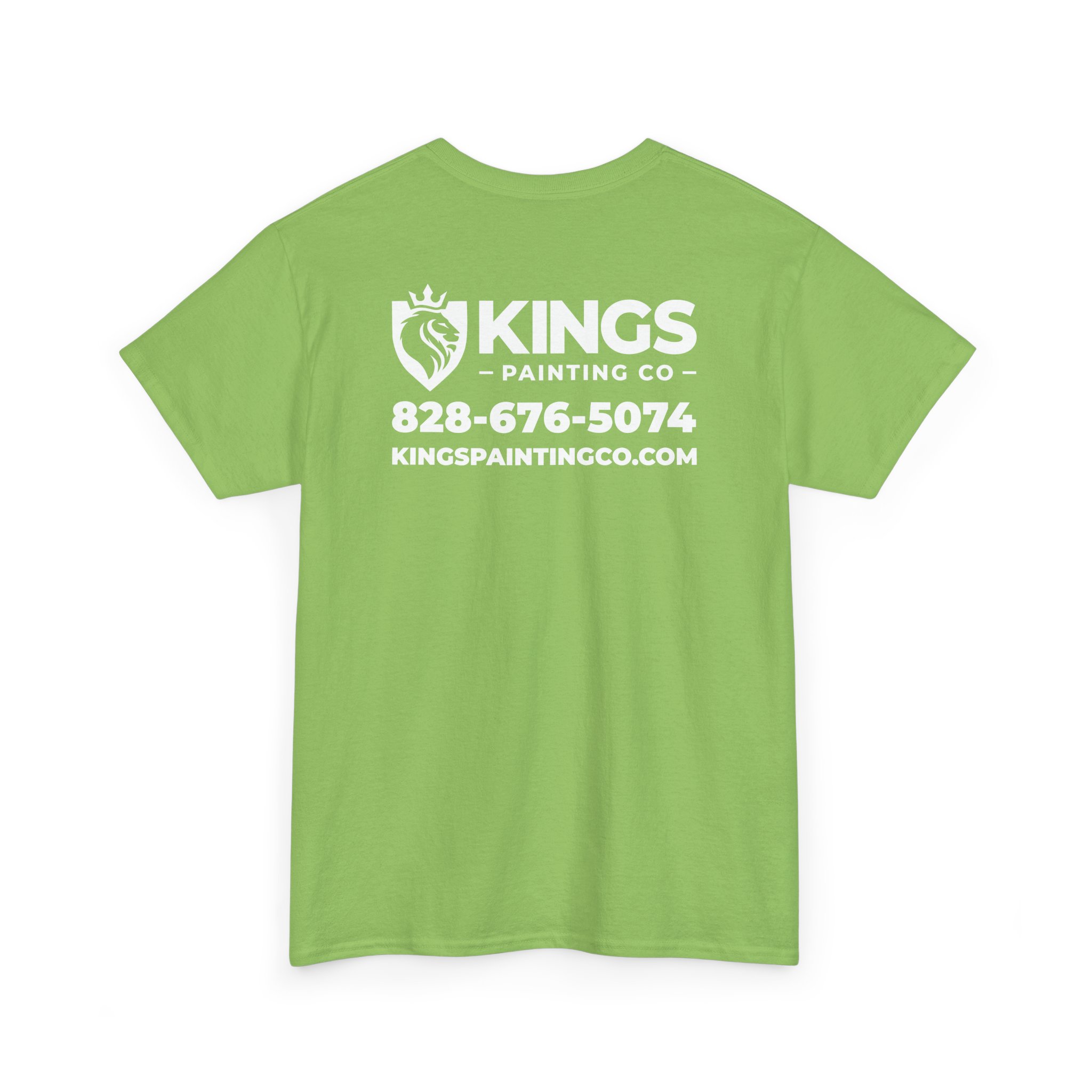 Kings Painting Co. Logo T‑Shirt (Classic) | Gildan Ultra Cotton (G5000): Green t-shirt featuring "KINGS PAINTING CO," a lion logo, the phone number 828-676-5074, and the website kingspaintingco.com printed in white on the back.