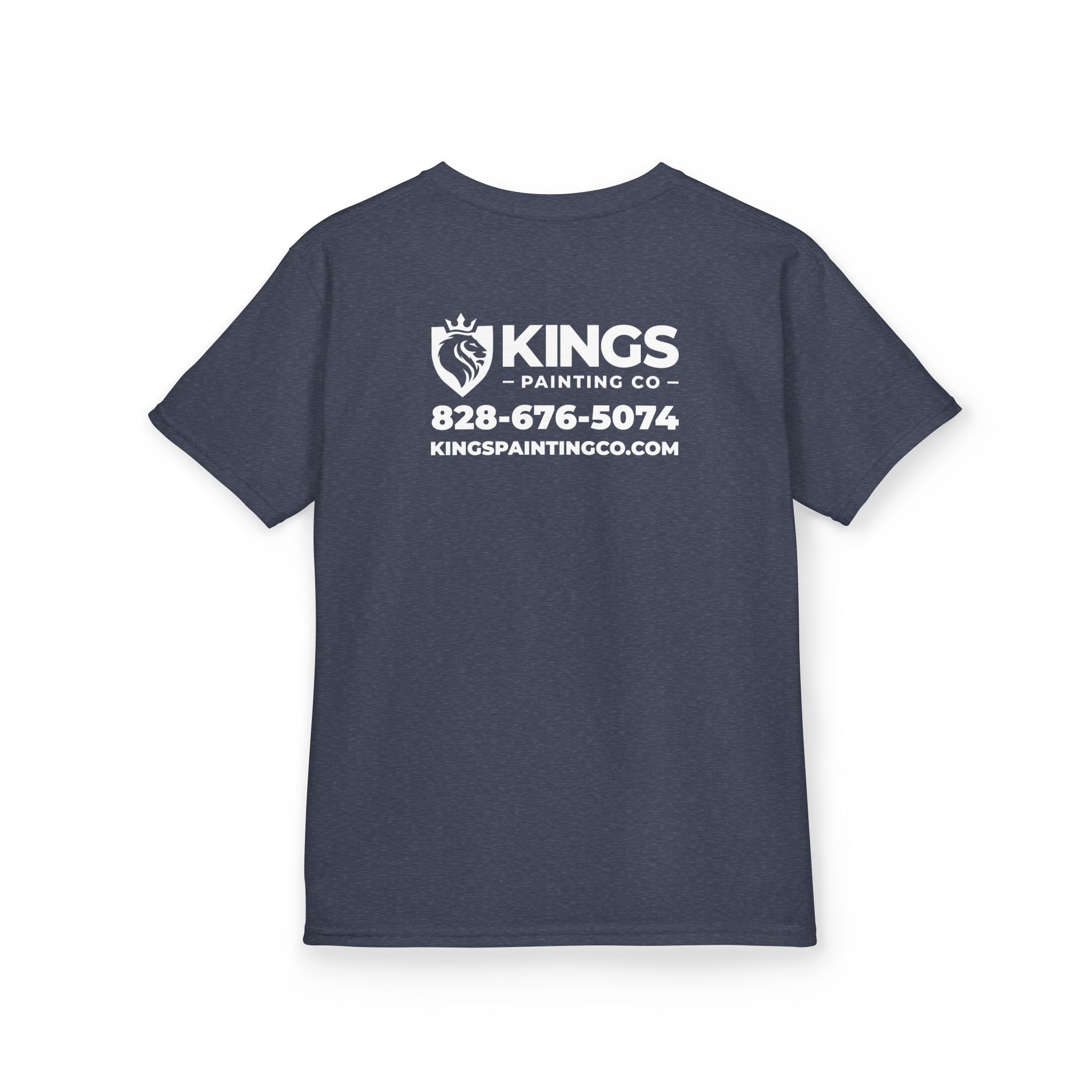 Kings Painting Co. Kids T-Shirt (White Graphics) | Gildan®—navy blue kids’ t-shirt featuring “KINGS PAINTING CO,” a lion logo, phone number 828-676-5074, and website KINGSPAINTINGCO.COM printed in white on the back.
